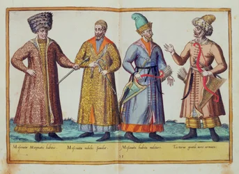 Stroje z XVI wieku z „Omnium Poene Gentium Imagines”, wydanego w Kolonii, 1577 (rycina ręcznie kolorowana)